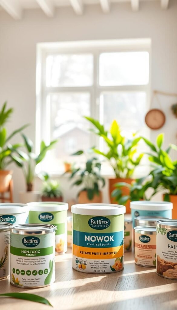 A well-lit and airy interior featuring an assortment of non-toxic, eco-friendly paint cans and containers. The foreground showcases vibrant, nature-inspired color palettes in various shades of green, blue, and earthy tones. In the middle ground, a large window floods the space with natural light, casting a warm glow and highlighting the high-quality, low-VOC paint finishes. The background depicts lush, verdant houseplants and natural decor elements, conveying a sense of freshness and improved indoor air quality. The overall scene exudes a calming, health-conscious atmosphere, suitable for an article on sustainable home design and wellness.