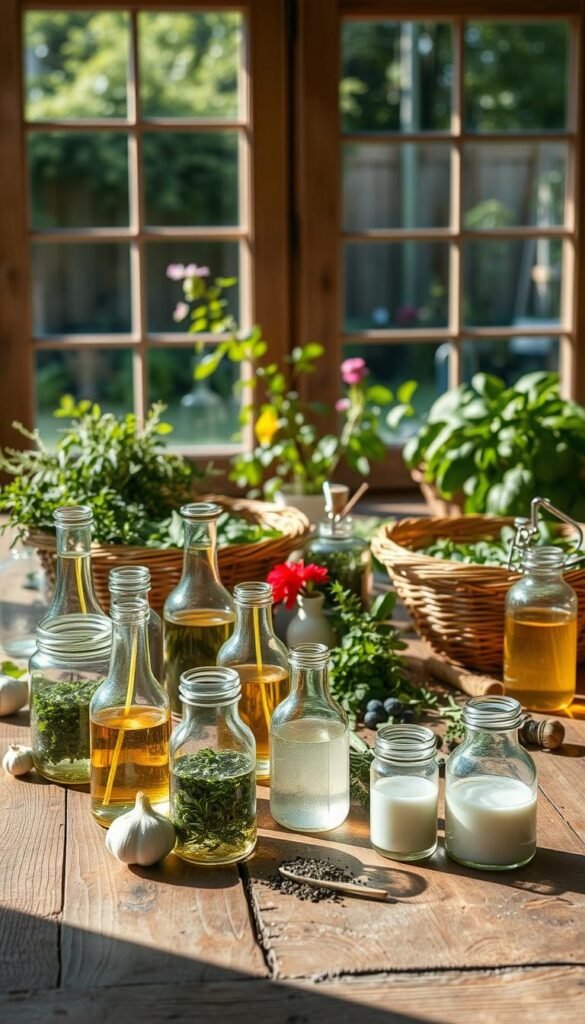 A well-lit, artisanal still life on a rustic wooden table, showcasing a variety of homemade garden pest remedies. In the foreground, an assortment of glass jars and bottles filled with natural solutions - garlic-infused oils, vinegar-based sprays, and herbal concoctions. Mid-ground, freshly harvested herbs, flowers, and other organic ingredients spill out of wicker baskets. In the background, a lush, verdant backyard garden visible through a large window, hinting at the source of these homegrown treatments. Natural lighting streams in, casting warm shadows and highlights across the scene, heightening the handcrafted, cottage-core aesthetic. The overall mood is one of eco-friendly, DIY empowerment - effective, practical solutions for the modern, sustainability-minded gardener.