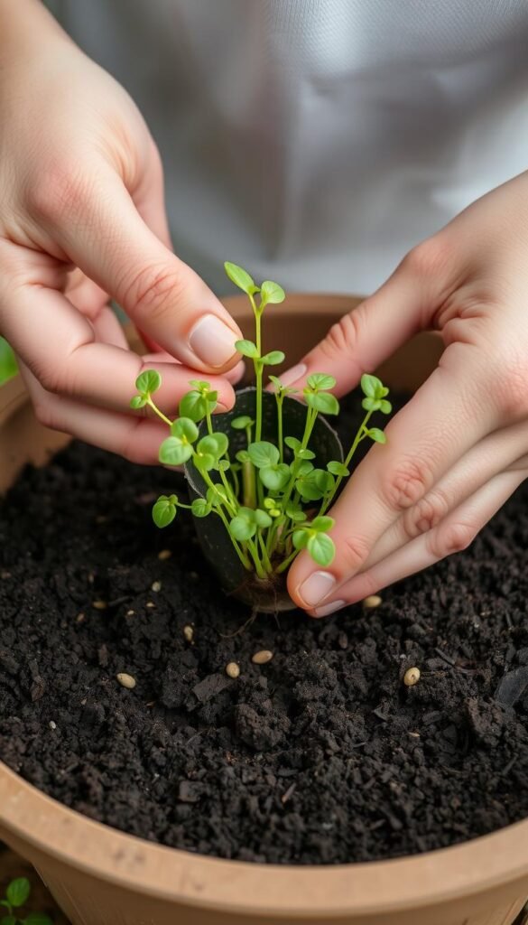 A well-lit, close-up photograph of a person's hands carefully transplanting young seedlings from a small container into a larger pot filled with rich, dark soil. The seedlings have delicate green leaves and slender stems. The person's fingers gently grip the base of the plants, taking care not to damage the fragile roots. The soil is slightly damp, and there are a few scattered grains visible. The background is slightly blurred, with hints of natural greenery or a neutral backdrop to keep the focus on the transplanting process. The overall scene conveys a sense of gentle, thoughtful care and the importance of this delicate task in nurturing new plant growth.