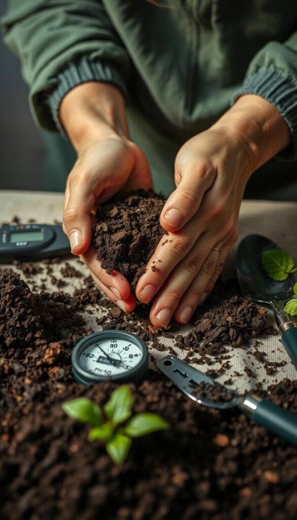 A well-lit, close-up shot of a gardener's hands conducting soil testing and preparation for an organic garden. The hands carefully sift through dark, rich soil, examining its texture and color. Soil samples are placed next to various testing tools like a pH meter, trowel, and magnifying glass. A sense of focus and attention to detail permeates the scene, conveying the importance of proper soil preparation for a thriving organic garden. The background is slightly blurred, creating a clean, minimalist composition that emphasizes the task at hand. Overall, the image radiates a serene, contemplative atmosphere, reflecting the care and diligence required to nurture healthy soil for an organic garden.