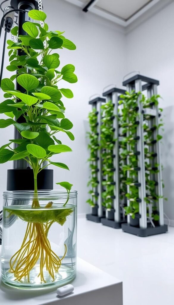 A well-lit, close-up view of a modern hydroponic system setup, showcasing various components in a clean, organized arrangement. The foreground features a lush, green hydroponic plant growing in a transparent container, its roots visible beneath the water's surface. In the middle ground, a series of vertical grow towers, each housing multiple plants, create a visually striking display. The background depicts a minimalist, white-walled interior, allowing the vibrant greens and sleek, metal accents of the hydroponic setup to take center stage. The lighting is soft and evenly distributed, highlighting the intricate details of the system's design. The overall mood is one of efficiency, simplicity, and the beauty of sustainable indoor gardening.