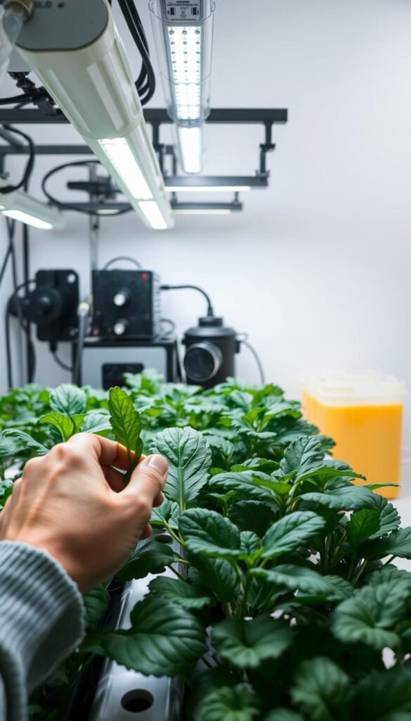 A well-lit, close-up view of a person's hands carefully tending to a hydroponic garden setup. The foreground shows the hands gently inspecting the plants, their leaves and stems. The middle ground features various hydroponic equipment like water pumps, nutrient reservoirs, and grow lights. The background has a clean, minimalist setting with a neutral color palette, emphasizing the focus on the gardening task at hand. The scene conveys a sense of diligence, patience, and the nurturing care required for successful monthly hydroponic maintenance.