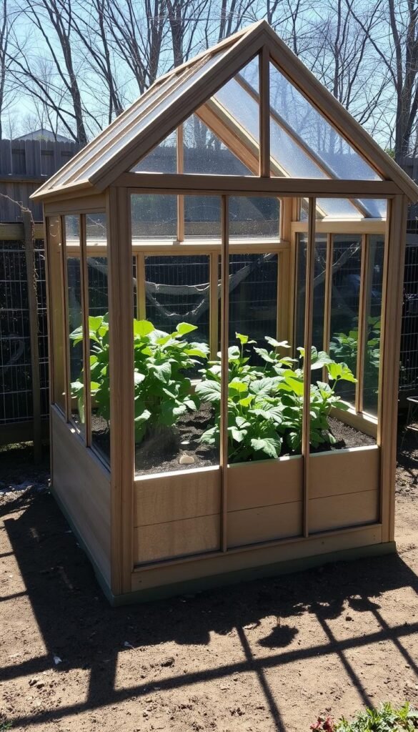 A well-lit cold frame stands in a sunlit garden, its glass panels angled to capture the winter sun's rays. Inside, lush leafy greens thrive, their vibrant colors and textures contrasting against the rustic wooden frame. Shadows cast by the frame's structure create intricate patterns on the soil, hinting at the careful arrangement of the setup. The scene exudes a sense of peaceful productivity, showcasing how thoughtful design and placement can optimize sunlight exposure to extend the growing season.