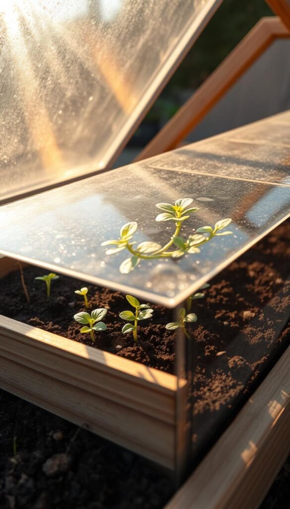 A well-lit, detailed cross-section of a cold frame microclimate. The frame's wooden structure is prominently displayed, with a transparent glass or plastic lid covering the interior. The frame sits atop rich, dark soil, with tender seedlings or small plants thriving within. Warm sunlight filters through the lid, creating a cozy, protected environment. Moist air circulates gently, maintaining optimal temperature and humidity. The whole scene is captured with a sharp, high-resolution lens, emphasizing the nuanced interactions between the frame, plants, and their enclosed ecosystem.