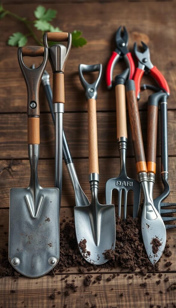 A well-lit, high-resolution image of a carefully curated selection of essential soil digging and weeding tools, arranged on a rustic wooden surface. In the foreground, a sturdy spade, a hand trowel, and a weeding fork stand upright, their metal components gleaming. In the middle ground, a long-handled garden fork and a hoe with a sharp, curved blade lay diagonally, suggesting their practical use. In the background, a pair of pruning shears and a small hand rake complete the scene, creating a harmonious composition that captures the functional beauty of these gardening essentials.