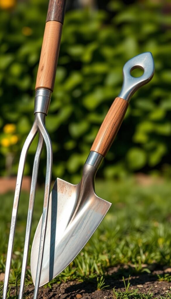 A well-lit, high-resolution image of two essential gardening tools - a sturdy metal garden fork and a sharp, heavy-duty garden spade, positioned prominently in the foreground against a blurred, natural background of lush greenery. The tools are shown from a slightly elevated angle, casting subtle shadows on the ground, conveying a sense of depth and dimensionality. The lighting is natural and warm, highlighting the polished metal surfaces and the wooden handles. The overall composition is balanced and visually appealing, drawing the viewer's attention to the core subject matter - the must-have tools for beginner gardeners.