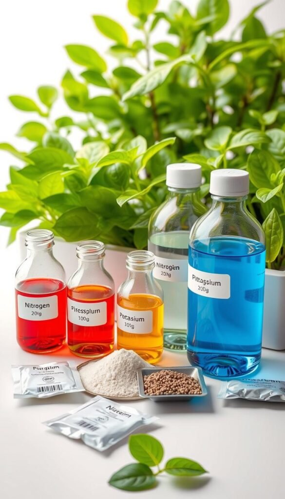 A well-lit, high-resolution photograph of various hydroponic nutrient solution components arranged on a clean, white background. In the foreground, there are glass bottles filled with different colored liquids, representing key nutrient elements such as nitrogen, phosphorus, and potassium. In the middle ground, there are small packets of powdered supplements and additives, like calcium, magnesium, and micronutrients. The background features a selection of fresh, green leafy plants to create a sense of a healthy, thriving hydroponic system. The overall composition is balanced, with a focus on the nutrient solution components, conveying a sense of scientific precision and attention to detail.