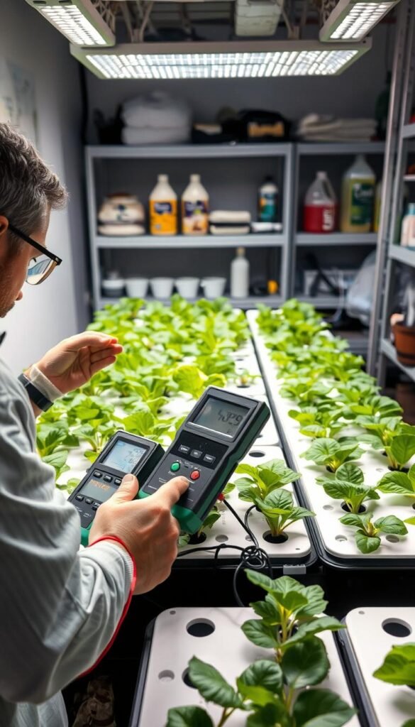 A well-lit hydroponic garden setup, showcasing the seasonal maintenance routine. In the foreground, a technician carefully inspects the nutrient solution, checking pH and EC levels using professional-grade meters. The middle ground depicts the orderly arrangement of growing trays, their leafy plants thriving under the soft glow of energy-efficient LED lights. In the background, shelves holding reserve nutrient solutions and tools for cleaning and sterilizing the system. The scene exudes a sense of diligent care and attention to detail, reflecting the importance of end-of-cycle maintenance for a healthy, productive hydroponic system.