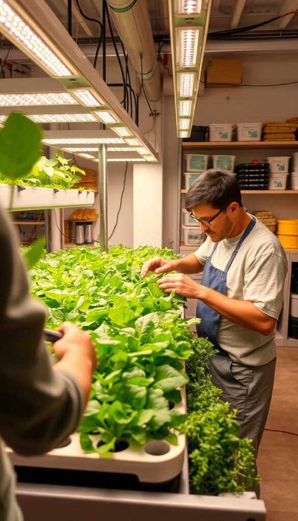 A well-lit hydroponic garden setup with a worker meticulously inspecting and maintaining the system. In the foreground, the worker is carefully checking the water levels, pH, and nutrient levels in the hydroponic trays. In the middle ground, lush green leafy vegetables and herbs are thriving under the warm glow of LED grow lights. The background features a clean, organized workspace with shelves of hydroponic supplies and tools. The scene conveys a sense of focus, attention to detail, and dedication to ensuring optimal plant growth through regular maintenance routines.