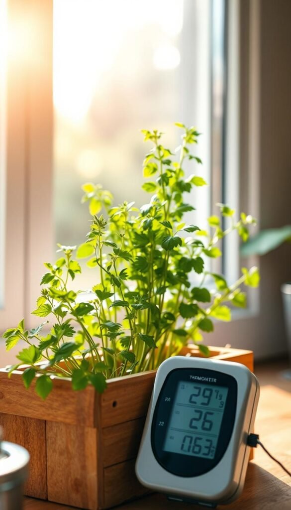 A well-lit indoor herb garden, bathed in warm, natural sunlight streaming through a large window. The herbs, lush and verdant, stand tall in a simple wooden planter, their leaves gently swaying. In the foreground, a digital thermometer and hygrometer monitor the temperature and humidity levels, ensuring optimal growing conditions. The background is softly blurred, focusing the viewer's attention on the herbs and the essential environmental factors required for their thriving growth.