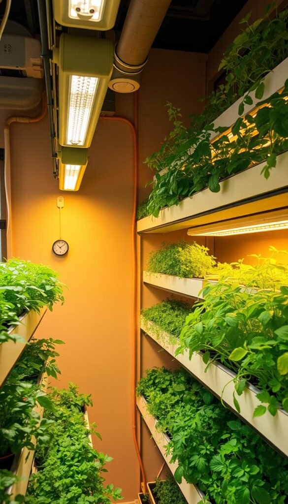 A well-lit indoor herb garden, with rows of lush, verdant plants arranged on tiered shelves. The space is bathed in a warm, golden glow from strategically placed grow lights, their soft illumination creating a cozy, nurturing atmosphere. Thermometers and humidity sensors are discreetly integrated into the setup, allowing for precise monitoring and control of the environmental conditions. The scene conveys a sense of order and intentionality, with the herbs thriving in their carefully curated environment, ready to provide year-round fresh flavor for the urban kitchen.