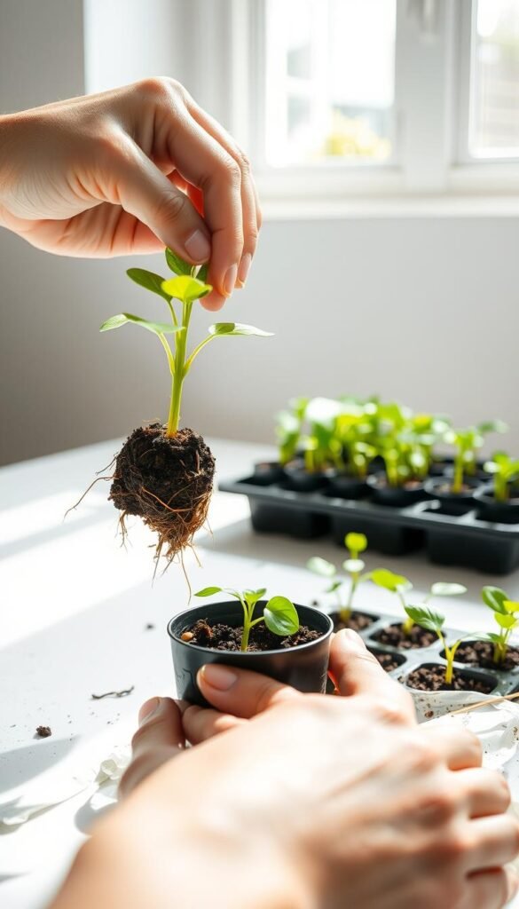 A well-lit indoor scene showing the process of transplanting seedlings. In the foreground, a pair of gentle hands carefully lifting a young plant from its container, its delicate roots exposed. In the middle ground, a tray of seedlings awaits their turn, their leaves just unfurling. Soft, directional light from a window illuminates the scene, casting subtle shadows and highlighting the vibrant green hues. The background features a clean, minimalist surface, allowing the focus to remain on the intricate task at hand. The overall mood is one of care, attention to detail, and the nurturing of new growth.