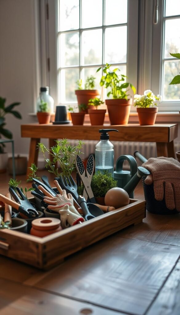 A well-lit indoor setting, showcasing an assortment of essential gardening tools for growing herbs indoors. In the foreground, a wooden potting tray holds a variety of small hand tools, including pruning shears, a trowel, a watering can, and a soil scoop. In the middle ground, a sturdy wooden bench displays terracotta pots of various sizes, along with a mister and a set of gardening gloves. The background features a large window, allowing natural light to illuminate the scene and casting a warm, soft glow over the arrangement. The overall mood is one of tranquility and a sense of nurturing, perfect for an indoor herb gardening setup.