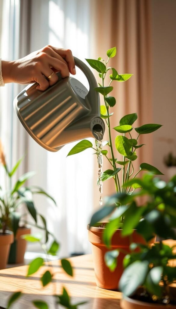 A well-lit interior scene showcasing proper plant watering technique. A person's hands gently pouring water from a watering can onto the soil of a potted plant, with lush greenery and natural textures in the foreground. The plant stands on a wooden table, with soft shadows and warm, diffused lighting creating a serene atmosphere. The focus is on the delicate act of watering, capturing the balance between providing enough moisture without drowning the plant. The framing allows for a close-up view, emphasizing the care and attention required to avoid over or under watering.