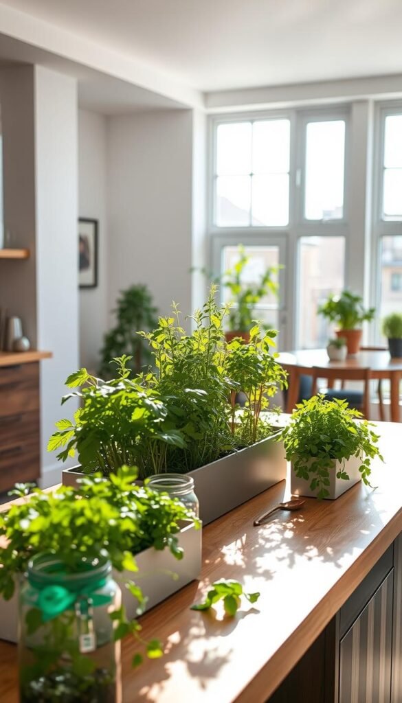 A well-lit, modern indoor herb garden in a spacious, airy kitchen. Lush, vibrant herb plants thriving in sleek, minimalist planters on a wooden countertop. Sunlight streams through large windows, casting a warm glow on the fresh greenery. Glass jars and utensils on the counter suggest the herbs' culinary uses. The overall atmosphere is serene, highlighting the benefits of year-round, urban indoor herb cultivation - abundant fresh flavor, natural beauty, and a connection to nature, all within a stylish, contemporary kitchen setting.
