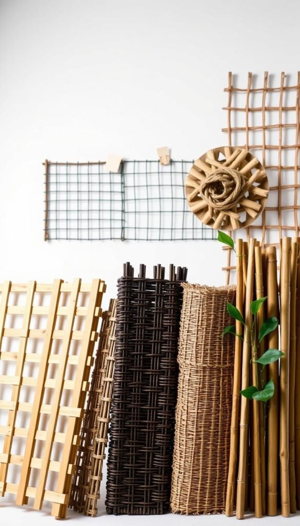 A well-lit studio setting showcasing a variety of trellis materials. In the foreground, a selection of different trellis materials - wooden lattices, metal grids, woven wicker, and bamboo poles - are displayed side by side. The middle ground features close-up shots highlighting the texture, durability, and aesthetic qualities of each material. The background is a clean, neutral backdrop, allowing the trellis samples to be the focal point. The lighting is soft and diffused, accentuating the natural colors and finishes of the trellis materials. The overall composition is balanced and visually appealing, inviting the viewer to closely examine and compare the different options for a DIY trellis project.