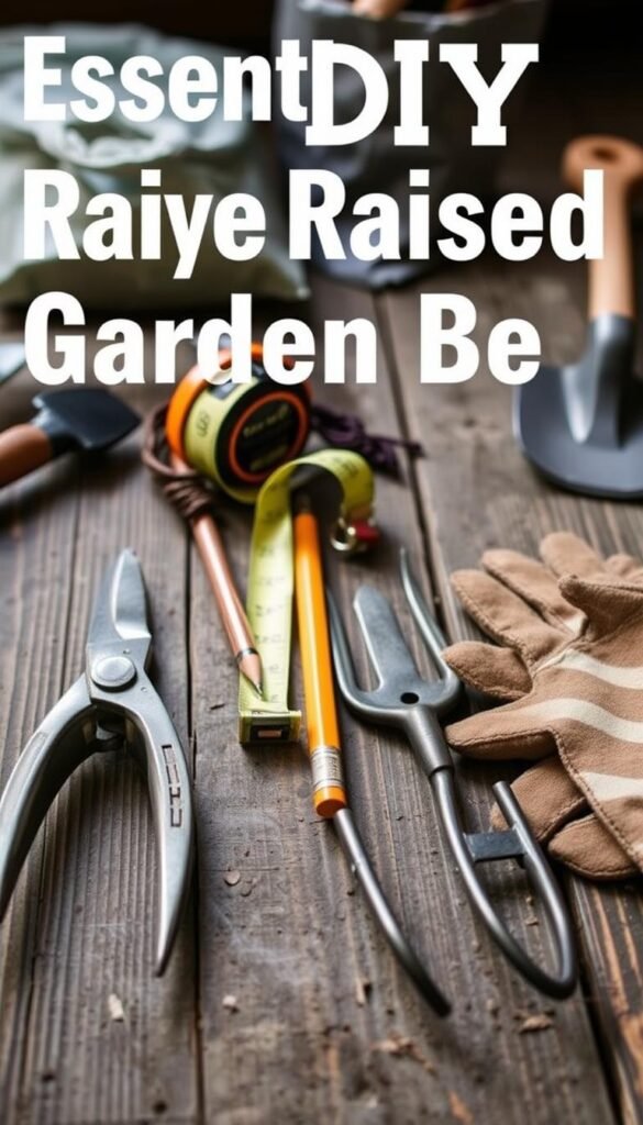 A well-lit, tightly-cropped image of an assortment of essential DIY raised garden bed tools laid out on a rustic wooden surface. In the foreground, a hand pruner, trowel, and garden fork in natural metal finishes. In the middle ground, a tape measure, pencil, and gardening gloves. In the background, a small shovel and a bag of potting soil. The overall mood is one of a productive, homemade gardening aesthetic, with muted tones and a focus on the functional tools required to build and maintain a raised garden bed.