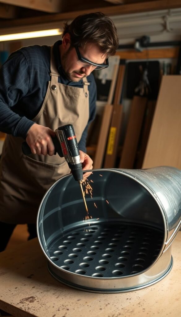 A well-lit workshop setting, a sturdy metal stock tank resting on a work surface. A person in a protective apron and safety goggles leans over the tank, carefully operating a power drill to create a precise grid of drainage holes across the bottom. Sparks fly as the drill bit pierces the thick metal, while a subtle glow of warm task lighting illuminates the focused expression on the person's face. The scene conveys a sense of purposeful, hands-on DIY endeavor, essential for preparing the stock tank for a successful gardening project.