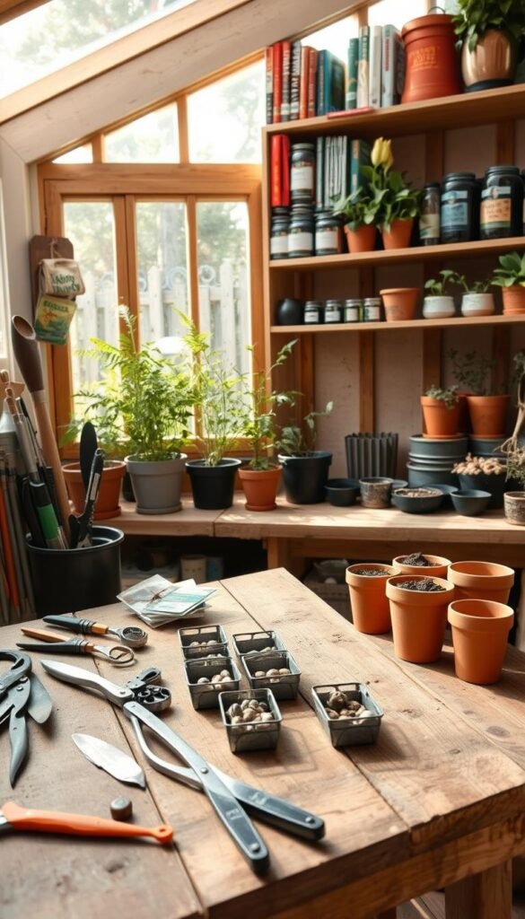 A well-organized potting bench in a sun-dappled garden shed. In the foreground, neatly arranged gardening tools and supplies - pruners, trowels, seed packets, and terra cotta pots. The middle ground features a wooden potting bench with weathered planks, a clutter-free surface, and small pewter containers holding various seeds and bulbs. In the background, shelves hold orderly rows of gardening books, labeled jars of soil amendments, and potted plants thriving in the soft natural light filtering through the shed's windows. The scene evokes a sense of peaceful productivity, with everything in its place for maximum efficiency on the potting bench.