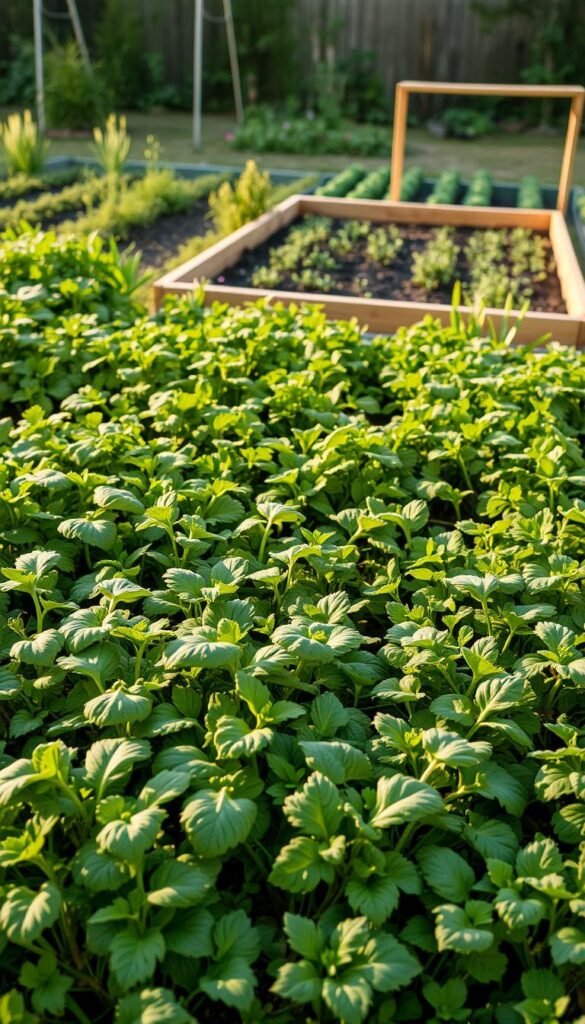 A well-organized square foot garden under soft, warm lighting. In the foreground, various densely-packed vegetables and herbs flourish, their leaves and stems intertwined. The middle ground showcases a grid of carefully delineated planting sections, optimizing available space. In the background, a simple wooden raised bed structure provides structure and support. The overall scene conveys a sense of abundance, productivity, and efficient use of limited gardening space.
