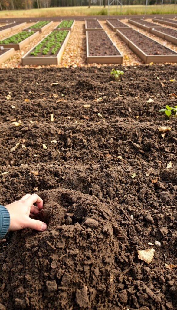 A well-tended garden plot in autumn, the soil freshly tilled and enriched with organic matter. In the foreground, a gardener's hands carefully turning the soil, revealing its dark, crumbly texture. In the middle ground, rows of raised garden beds, their edges neatly edged, ready to receive the winter's hardy crops. Muted shades of brown, gray, and green dominate the scene, with the warm glow of the low-angle autumn sun casting gentle shadows across the landscape. The atmosphere is one of diligent preparation, a sense of anticipation for the bountiful harvest to come.