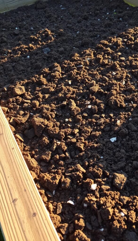 A well-tended raised garden bed filled with nutrient-rich soil mix, bathed in warm, golden afternoon light. The soil appears dark, crumbly, and teeming with life, with flecks of compost and peat moss visible. The bed is framed by the soft, muted tones of weathered wooden planks, creating a pleasing, rustic aesthetic. The image conveys a sense of fertile abundance, inviting the viewer to imagine the lush, thriving plants that will soon sprout from this carefully prepared growing medium.