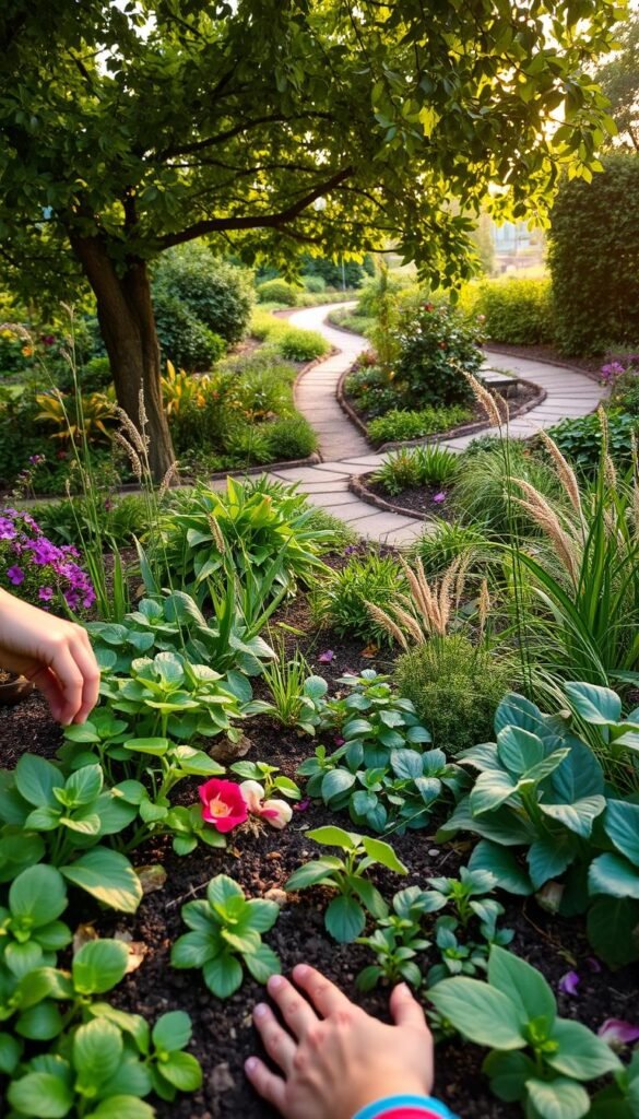 A well-tended sensory garden, lush with vibrant flora and inviting textures. In the foreground, a gardener's hands gently tending to the soil, planting fragrant herbs and arranging sensory-stimulating plants. The middle ground features a variety of leafy greens, velvety petals, and gently swaying grasses, creating a tactile symphony. In the background, a winding path leads through the verdant landscape, encouraging exploration and discovery. Warm, diffused lighting filters through the canopy, casting a serene, natural glow over the scene. The overall mood is one of tranquility, harmony, and a deep connection with the natural world.