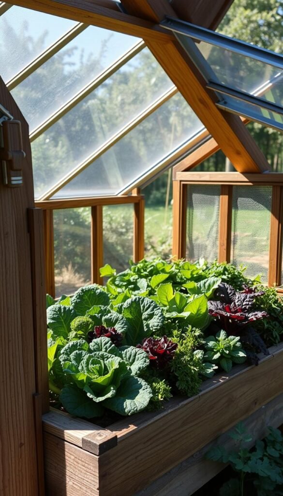 A well-ventilated cold frame with adjustable side panels, allowing precise temperature control. Sunlight streams through the clear glass or polycarbonate top, illuminating an array of vibrant leafy greens - kale, lettuce, and arugula. The frame's wooden construction, weathered by the elements, stands in earthy contrast. Precision vent handles invite the user to fine-tune airflow, maintaining an ideal microclimate for cool-weather crops to thrive. A serene, pastoral atmosphere pervades, as the gardener carefully tends to the flourishing plants within.