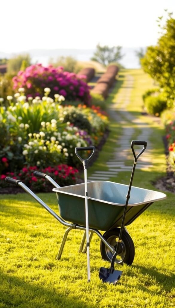 A wheelbarrow stands in the foreground, its sturdy metal frame gleaming in the warm afternoon light. Beside it, a watering wand rests, its long, slender shape a testament to its utility. The tools are arranged on a lush, verdant lawn, framed by blooming flowers and shrubs in the middle ground. In the background, a tranquil garden path winds through a well-tended landscape, inviting the viewer to explore the joys of gardening. The scene conveys a sense of effortless functionality and a touch of whimsy, perfectly capturing the "nice-to-have" tools that can make gardening a more enjoyable and efficient experience.