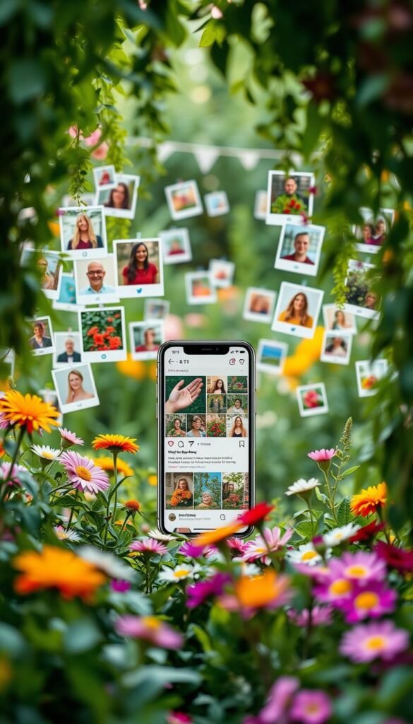 A whimsical digital garden party, showcasing a vibrant collection of social media posts cascading across the frame. In the foreground, lush greenery and blooming flowers frame a verdant tapestry of snapshots, videos, and virtual garden tours shared by green-thumbed enthusiasts. The middle ground features a stylized smartphone display, its screen alive with a scrolling feed of cheerful captions, hashtags, and emojis. Soft, diffused lighting casts a warm, inviting glow, while a subtle depth of field blurs the background, drawing the viewer's eye to the vibrant digital displays. The overall atmosphere is one of joyful connection, where gardeners from all walks of life come together to celebrate their shared passion through the power of social media.