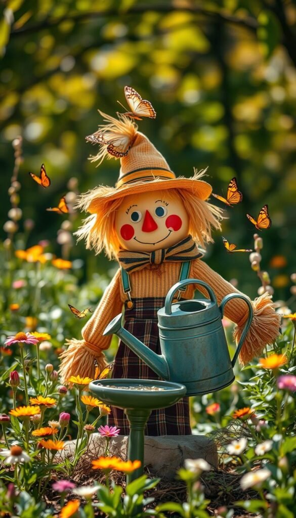 A whimsical garden scene in the spring, with a playful scarecrow dressed in quirky seasonal attire, surrounded by budding flowers and fluttering butterflies. The scarecrow's expression is mischievous, as it nods towards a watering can that has been cleverly repurposed as a miniature bird bath. Warm, dappled sunlight filters through the lush foliage, casting a cozy, lighthearted ambiance. The composition is balanced, with a mix of vibrant colors and organic shapes that evoke a sense of joyful, natural harmony. Subtle humor and a touch of the unexpected create a charming, relatable image that captures the spirit of seasonal gardening adventures.