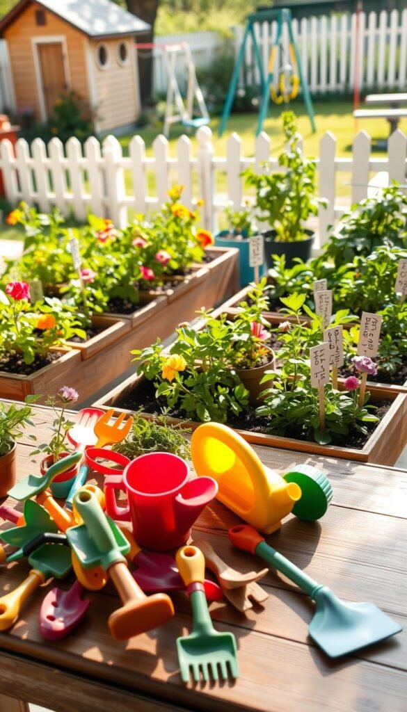 A whimsical preschool garden exploration scene. In the foreground, an assortment of small, colorful gardening tools - trowels, hand rakes, child-sized watering cans, and plant markers - arranged on a wooden table. The middle ground features lush, thriving plants in planter boxes - a variety of flowers, herbs, and leafy greens. In the background, a sun-dappled outdoor setting, with a picket fence, a shed, and a swing set visible. Soft, natural lighting creates a warm, inviting atmosphere, encouraging young hands-on discovery and learning about the wonders of nature.