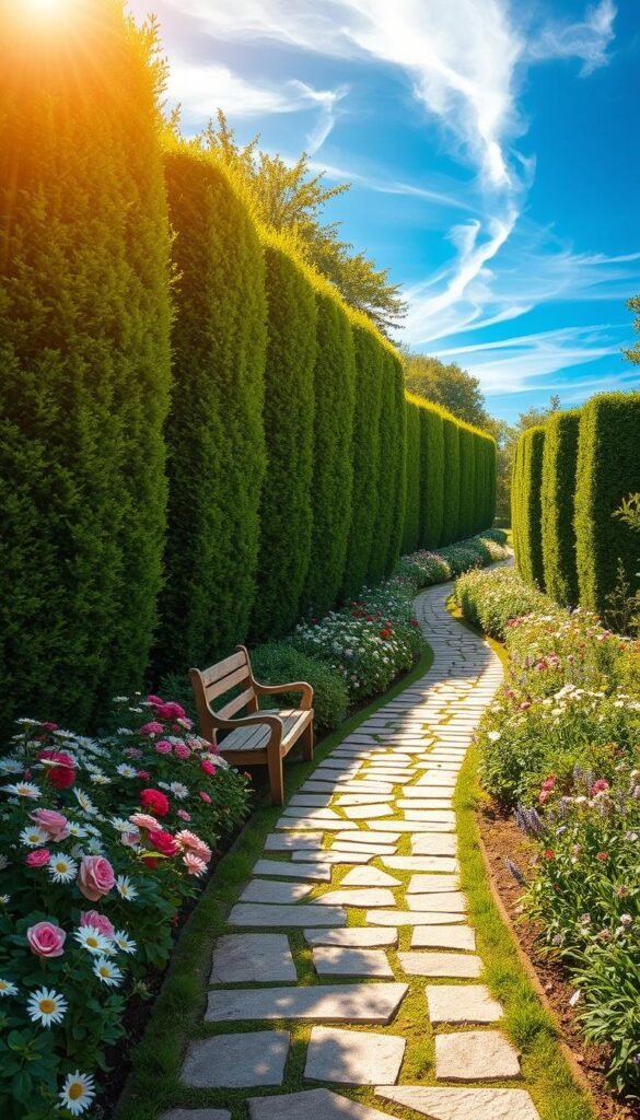 A winding stone pathway meanders through a lush, verdant cottagecore garden. Towering hedges line the way, their neatly trimmed foliage casting soft, dappled shadows. Colorful flower beds brim with fragrant blooms - delicate roses, cheerful daisies, and whimsical wildflowers. A charming wooden bench sits nestled between the greenery, inviting visitors to pause and take in the serene, fairy-tale-like atmosphere. Overhead, the sky is a brilliant azure, with wispy clouds drifting lazily. Warm, golden sunlight filters through the leaves, lending a magical glow to the tranquil scene. This idyllic cottagecore garden pathway evokes a sense of timeless pastoral beauty, perfect for showcasing the fairytale allure of the cottagecore aesthetic.