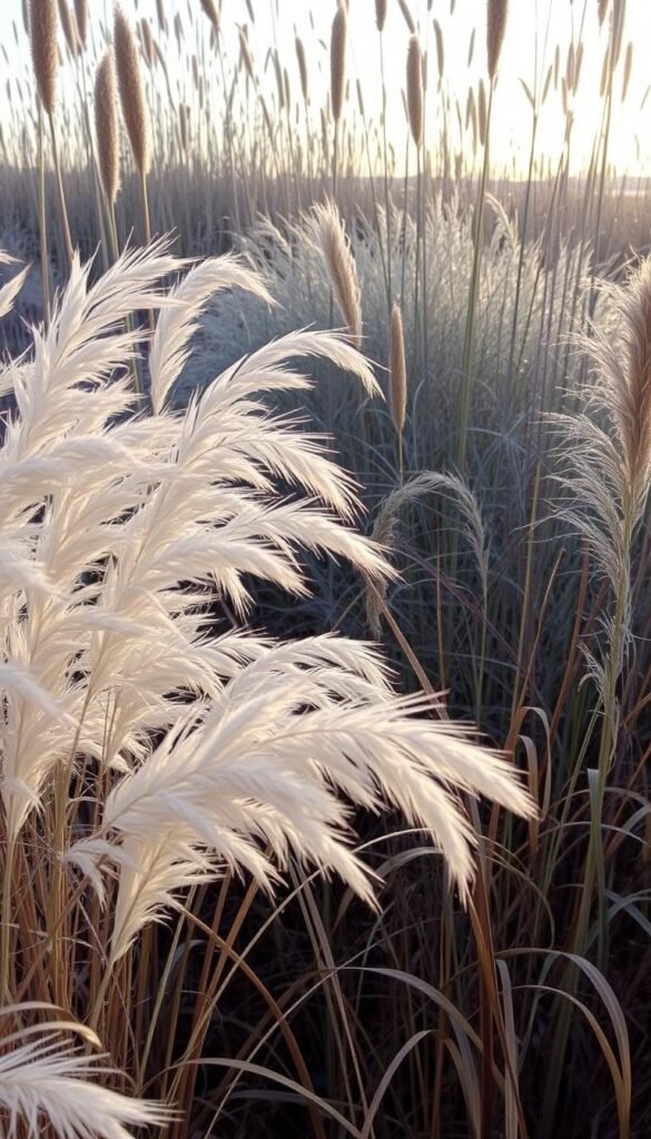 A winter scene showcasing the alluring textures and hues of ornamental grasses. In the foreground, delicate feather-like plumes of miscanthus sway gracefully, their silvery-beige tones contrasting with the deep russet hues of the switchgrass. In the middle ground, wispy blades of blue fescue create a soft, cloud-like presence, accented by the vibrant red tips of the little bluestem. The background is framed by the skeletal silhouettes of tall ornamental grasses, their dried seed heads glistening in the soft, warm light of the setting sun, evoking a serene and naturalistic atmosphere. The overall composition highlights the enduring beauty and visual interest these resilient plants bring to the landscape, even in the depths of winter.