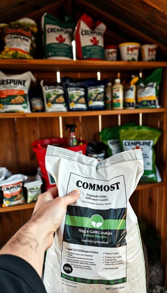 A wooden garden shed with shelves stocked with various packaged fertilizers in the background. In the foreground, a gardener's hand reaches out to examine a bag of organic compost, considering its contents and NPK ratio. Soft natural daylight filters through the shed windows, casting a warm glow on the scene. The overall mood is one of thoughtful decision-making, as the gardener weighs the different fertilizer options to nourish their plants effectively.