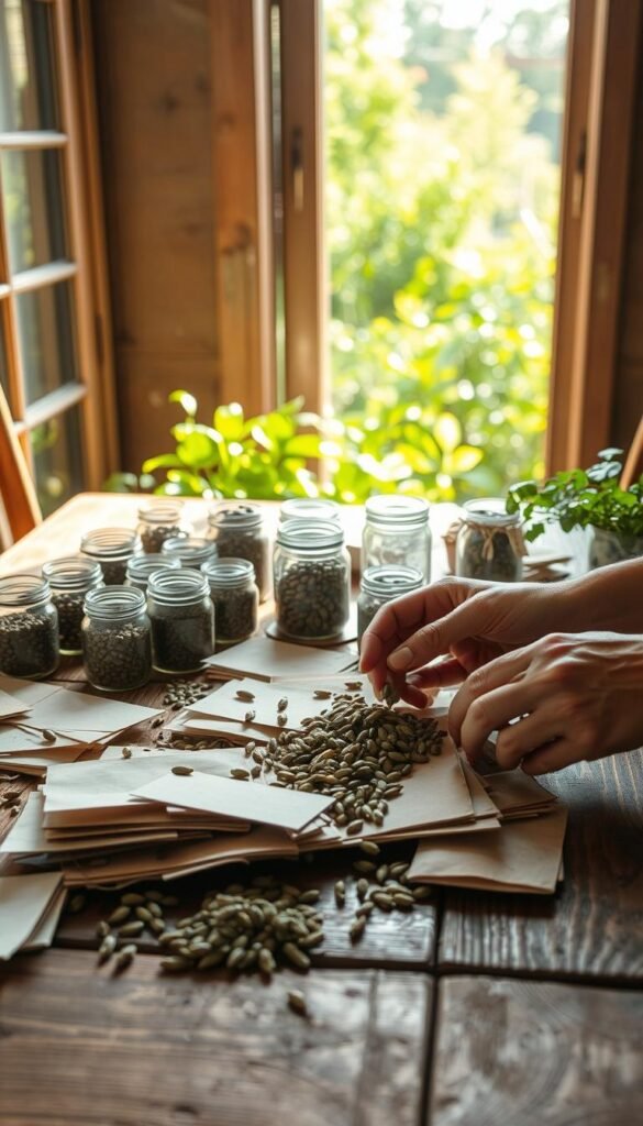 A wooden garden table, its surface covered in an assortment of small jars, envelopes, and seed packets. Sunlight streams in through a nearby window, casting a warm glow on the scene. In the foreground, a pair of weathered hands carefully sort through the seeds, selecting the choicest specimens for planting next season. The background reveals a lush, verdant garden visible through the window, hinting at the future harvest. The composition is framed by natural textures - the rough wood, the delicate papers, the vibrant greens - conveying a sense of rustic simplicity and enduring tradition.