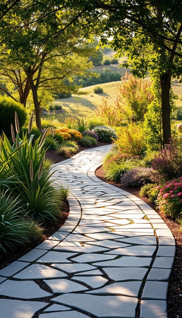 An accessible sensory garden path winds through a lush, vibrant landscape. In the foreground, smooth, undulating flagstone pavers lead the way, with subtle textural patterns that invite tactile exploration. Lining the path, an array of sensory plants burst with color, fragrance, and gentle sounds - native grasses rustling, wind chimes tinkling. Sculpted shrubs and trees cast dappled shadows, creating a soothing, contemplative atmosphere. The background features a gently sloping hill, its contours softened by cascading perennials and flowering vines. Warm, diffused sunlight filters through the canopy, illuminating the scene with a serene, golden glow. Overall, the image conveys a sense of tranquility, inviting visitors to safely immerse themselves in a multisensory botanical haven.