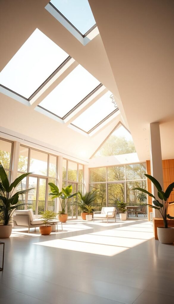 An airy, sun-filled interior space with an open floor plan. Strategically placed skylights, clerestory windows, and expansive glass walls maximize the influx of natural light. Sleek, minimalist furnishings reflect the warm glow, while potted plants and light wood accents create a harmonious, nature-inspired ambiance. The scene is captured from a low angle, emphasizing the sense of openness and the interplay of light and shadow. The overall composition conveys a tranquil, rejuvenating atmosphere, exemplifying effective daylighting design principles for urban living.