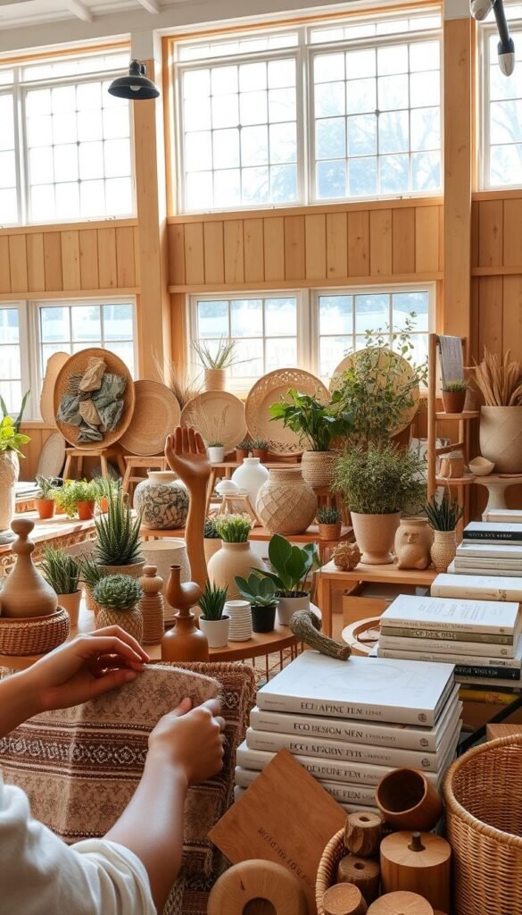 An airy, sunlit workspace showcasing a variety of sustainably sourced natural materials. In the foreground, hands gently arrange a display of artisanal textile swatches, woven baskets, and carved wooden elements. The middle ground features an array of potted plants, dried botanicals, and neatly stacked tomes on eco-design. In the background, warm-toned wood paneling and large windows create an inviting, nature-inspired ambiance, illuminated by soft, natural lighting. The overall mood is one of mindful curation, highlighting the beauty and versatility of environmentally-conscious material choices.
