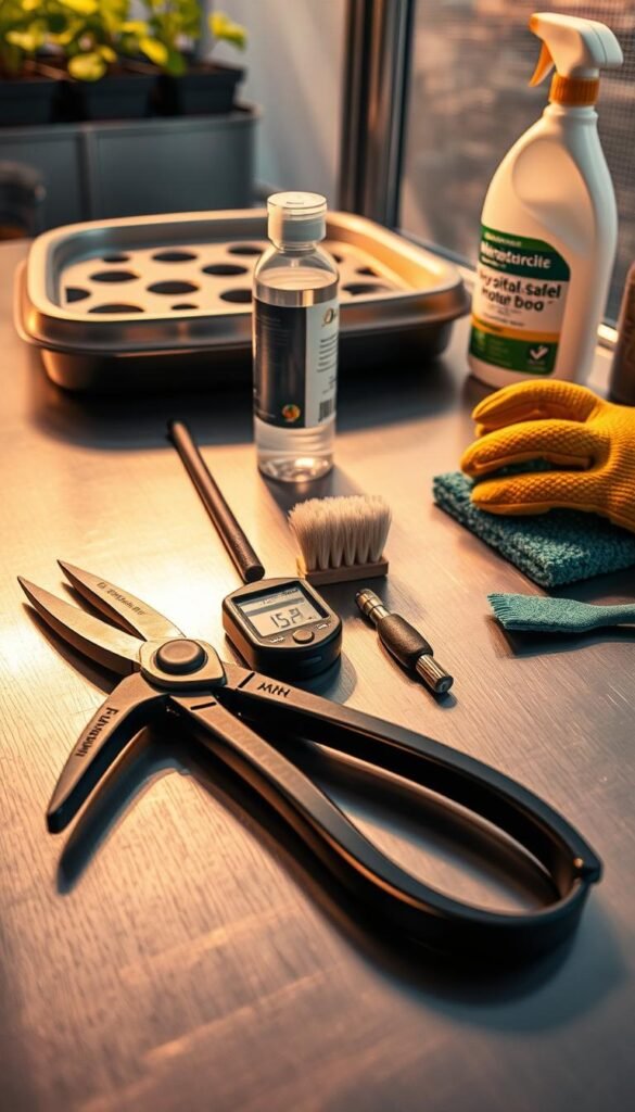 An array of hydroponic maintenance tools laid out on a clean, stainless steel work surface, bathed in warm, natural lighting that accentuates their metallic sheen. In the foreground, a pair of pruning shears, a pH meter, and a bottle of sterile cleaning solution. In the middle ground, a small handheld brush and a scrub pad for scrubbing grow media and surfaces. In the background, a pair of gardening gloves and a bottle of plant-safe disinfectant, hinting at the comprehensive nature of hydroponic system maintenance. The overall composition conveys a sense of order, cleanliness, and attention to detail essential for optimal hydroponic system performance.