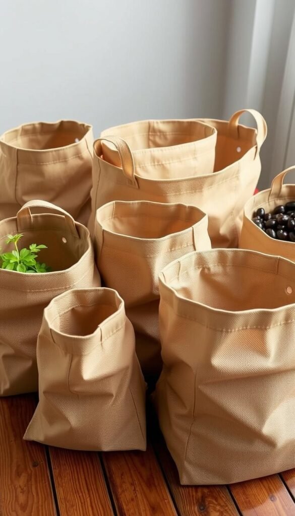 An assortment of durable, breathable fabric grow bags in a variety of sizes, arranged artfully on a wooden table. The bags have a natural, earthy color scheme and textured surface, reflecting their high-quality construction. Soft, diffused lighting illuminates the scene, highlighting the bags' sturdy handles and drainage holes. The composition emphasizes the versatility and practical benefits of fabric grow bags for urban gardening, inviting the viewer to imagine using them to cultivate a thriving balcony or patio garden.