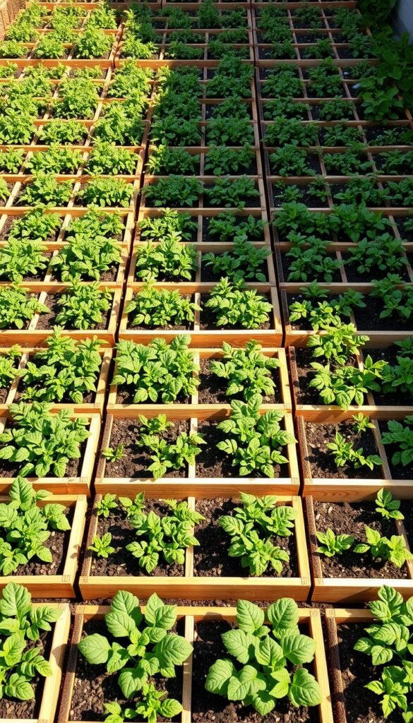 An immaculately organized raised bed garden grid, with precision-cut wooden frames delineating the individual square-foot sections. Warm, natural lighting filters through the lush, verdant plants, casting soft shadows across the well-tended soil. The rows are meticulously aligned, creating a harmonious, visually striking layout that exemplifies the principles of square foot gardening. The scene conveys a sense of order, productivity, and the joy of cultivating a bountiful, self-sufficient oasis in an urban or suburban setting.
