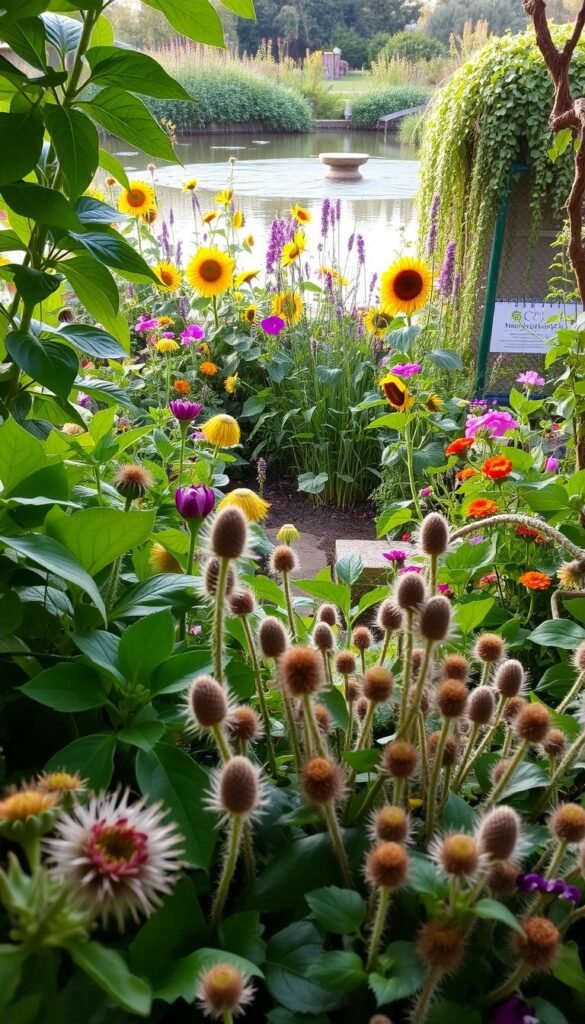 An interactive sensory garden, lush with verdant foliage and vibrant blooms, invites young explorers to engage their senses. In the foreground, a diverse array of textures - velvety leaves, fuzzy stems, and delicate petals - beckon to be touched. The middle ground features a captivating mix of colorful flora, from towering sunflowers to cascading vines, basking in warm, diffused lighting. In the background, a serene pond reflects the tranquil surroundings, its surface gently rippling. The overall scene emanates a sense of wonder and discovery, encouraging children to wander, smell, and interact with the enchanting elements of this sensory wonderland.