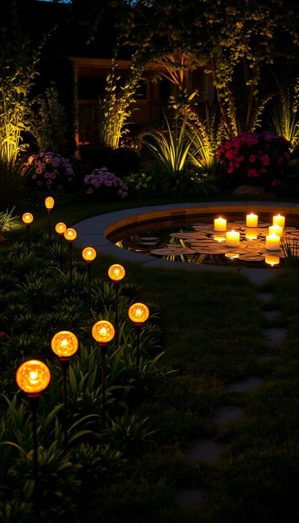 An outdoor garden scene at dusk, featuring various innovative lighting ideas. In the foreground, a path winding through a lush, verdant landscape, lined with whimsical solar-powered garden stakes emitting warm, glowing orbs of light. In the middle ground, a tranquil pond reflecting the flickering glow of floating candles and submerged LED lights, creating a mesmerizing, shimmering effect. Beyond, the background is illuminated by strategically placed spotlights highlighting the textures and colors of blooming flowers and trailing vines, casting dramatic shadows and creating an enchanting, mystical ambiance. The lighting is subtle, energy-efficient, and designed to transform the space into a magical, inviting retreat for evening gatherings.