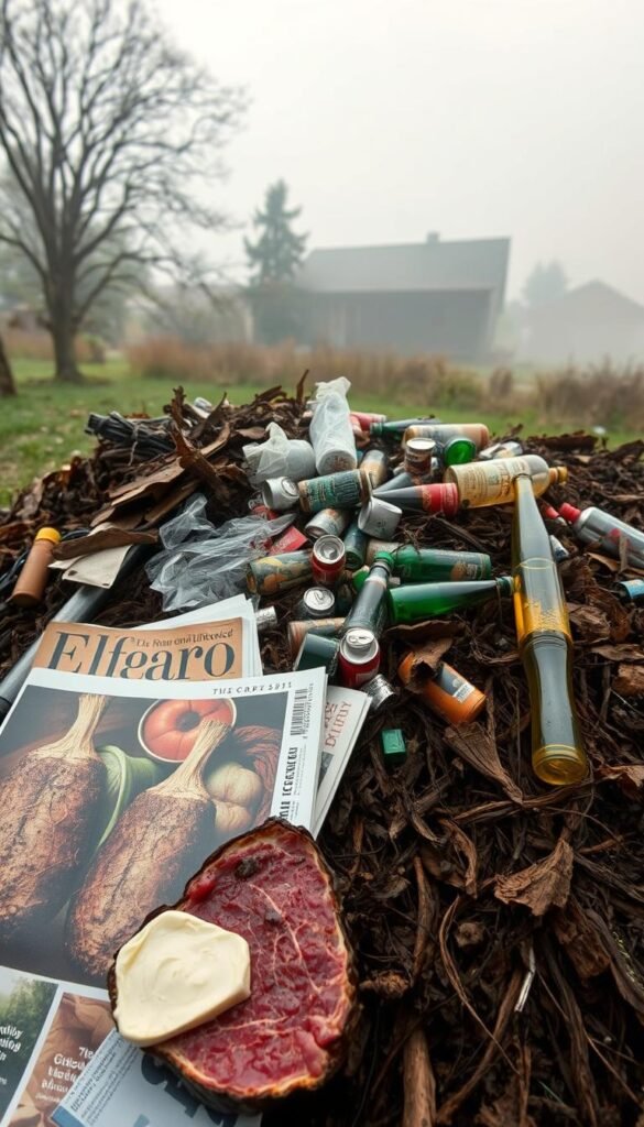 An overhead view of a garden compost pile, with various items that should not be composted scattered around it. In the foreground, a close-up of rotten meat, spoiled dairy, and glossy magazines. In the middle ground, a tangled mix of plastic bags, aluminum cans, and glass bottles. In the background, a hazy silhouette of a house and trees, conveying a serene, natural setting. The lighting is soft and diffused, creating a muted, earthy tone. The camera angle is slightly tilted, adding depth and emphasizing the disarray of the prohibited items. The overall mood is one of caution and education, highlighting the common mistakes to avoid when building a thriving compost system.