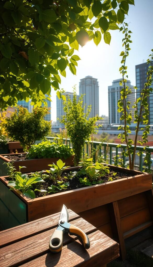 An urban garden bathed in warm, golden sunlight. A lush, verdant canopy of leafy greens casts dappled shadows across a raised planter box, filled with thriving plants. In the foreground, a pair of pruning shears rests on a weathered wooden bench, hinting at the careful tending required to maintain this oasis of tranquility. The mid-ground showcases a trellised vine, its tendrils reaching towards the sun, while the background reveals a cityscape of modern architecture, softened by the gentle glow of the afternoon light. The scene exudes a sense of peaceful coexistence between nature and the urban environment, a testament to the rewards of thoughtful sunlight management in a busy city garden.