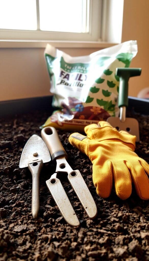 Carefully arranged stock tank garden supplies sit atop a bed of rich, dark soil. A small trowel, pruning shears, and gardening gloves rest in the foreground, their wear and use evident. Behind them, a full bag of potting mix and a small hand-held cultivator suggest the preparations underway. Warm, natural lighting filters through a window, casting a soft glow over the scene. The overall impression is one of purposeful organization, with the tools and materials poised and ready for the gardening tasks ahead.