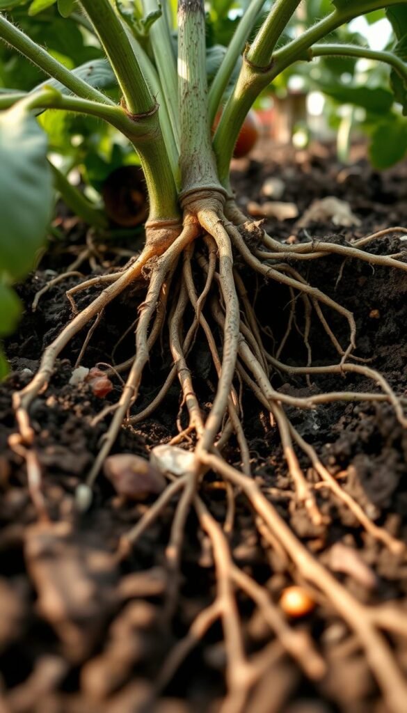 Close-up view of tomato roots growing in a no-dig garden bed, with rich, dark soil and organic matter visible. The roots are thick and healthy, spreading outwards and downwards, anchoring the plant firmly in the earth. Soft, diffused natural lighting illuminates the scene, creating a serene, earthy atmosphere. The camera angle is low, emphasizing the importance of the underground system for a thriving no-dig garden. The overall composition highlights the benefits of no-dig gardening, where the soil structure is left undisturbed, allowing plant roots to establish deep, robust networks.