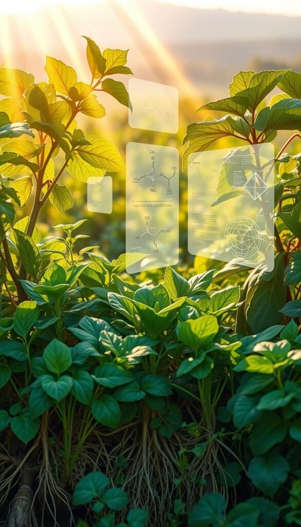 Detailed botanical illustration capturing the "science of plant partnerships." In the foreground, a lush, verdant garden showcasing the symbiotic relationships between diverse plant species - their roots intertwined, leaves overlapping, creating a harmonious composition. Rays of warm, golden sunlight filter through the canopy, illuminating the intricate patterns and structures of the flora. In the middle ground, translucent diagrams and schematics hover, visualizing the chemical and biological processes underlying successful companion planting. The background features a soft, blurred landscape, suggesting the broader ecological context. Rendered with a precise, technical aesthetic, the image conveys the scientific principles and elegant complexity of thriving plant communities.