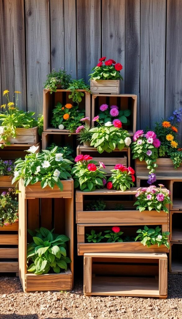Detailed, high-quality image of a DIY crate garden project. Warm, rustic setting with wooden crates of various sizes and shapes arranged in a visually appealing layout, overflowing with lush, vibrant greenery and colorful flowers. The crates are positioned against a backdrop of a weathered wooden fence or wall, creating a charming, vintage-inspired scene. Soft, natural lighting illuminates the scene, casting gentle shadows and highlights. The overall composition emphasizes the creative repurposing of ordinary crates into a beautiful and functional garden display.